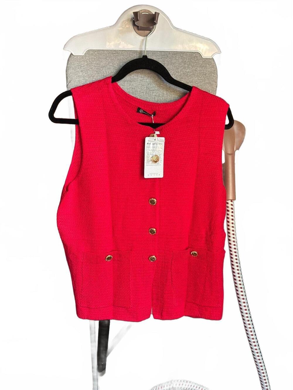 Pretty Garden Red Knit Sleeveless Cardigan Vest with Gold Buttons